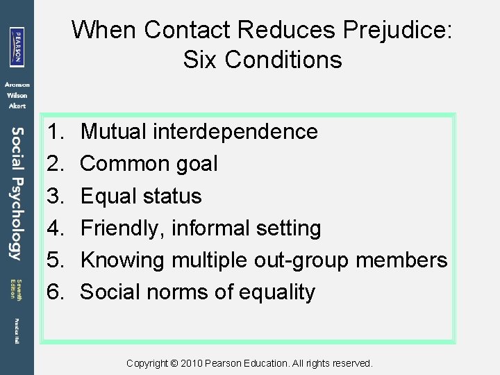 When Contact Reduces Prejudice: Six Conditions 1. 2. 3. 4. 5. 6. Mutual interdependence