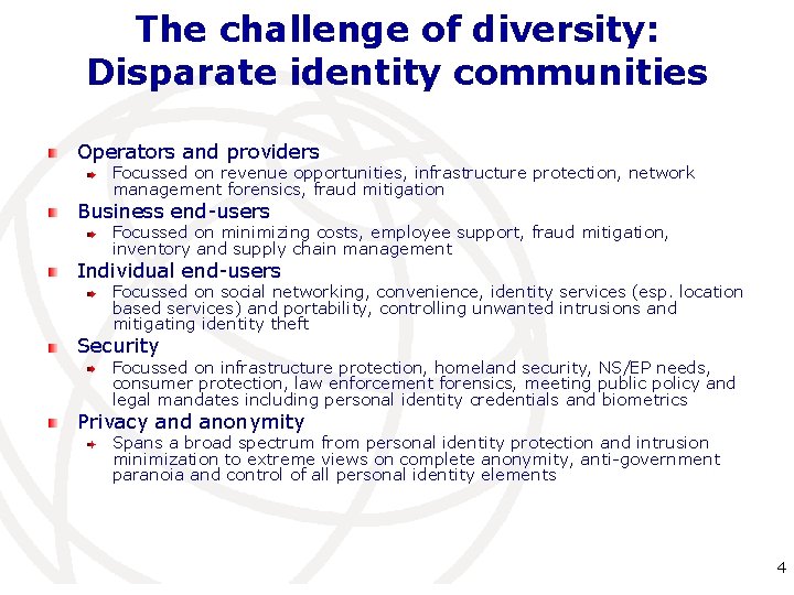 The challenge of diversity: Disparate identity communities Operators and providers Focussed on revenue opportunities,