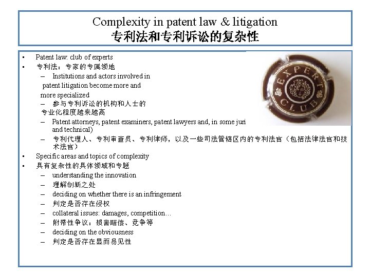 Complexity in patent law & litigation 专利法和专利诉讼的复杂性 • • Patent law: club of experts