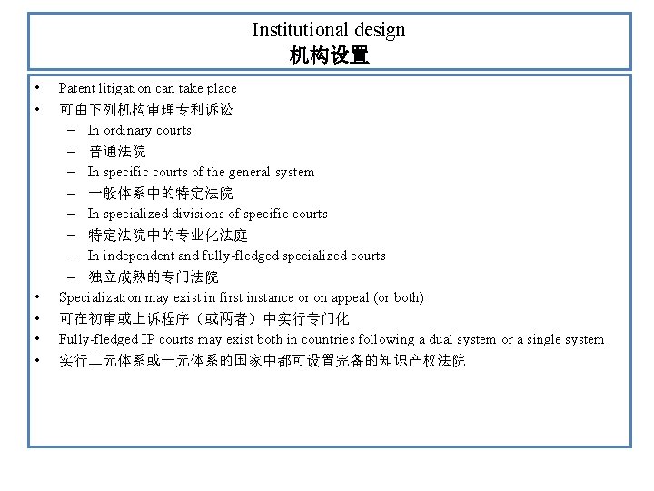 Institutional design 机构设置 • • • Patent litigation can take place 可由下列机构审理专利诉讼 – In