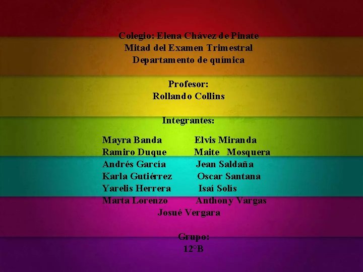 Colegio: Elena Chávez de Pinate Mitad del Examen Trimestral Departamento de química Profesor: Rollando Colegio: Elena Chávez de Pinate Mitad del Examen Trimestral Departamento de química Profesor: Rollando