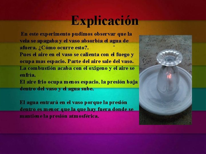 Explicación En este experimento pudimos observar que la vela se apagaba y el vaso Explicación En este experimento pudimos observar que la vela se apagaba y el vaso