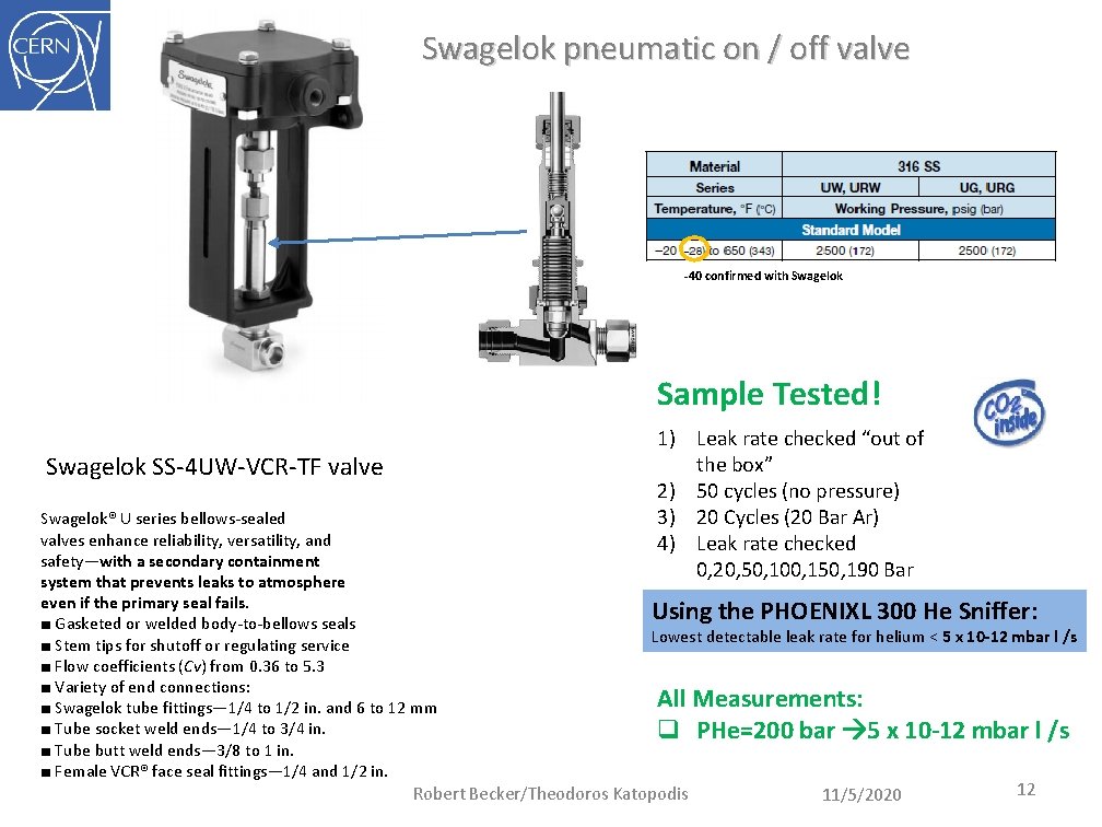 Swagelok pneumatic on / off valve -40 confirmed with Swagelok Sample Tested! Swagelok SS-4