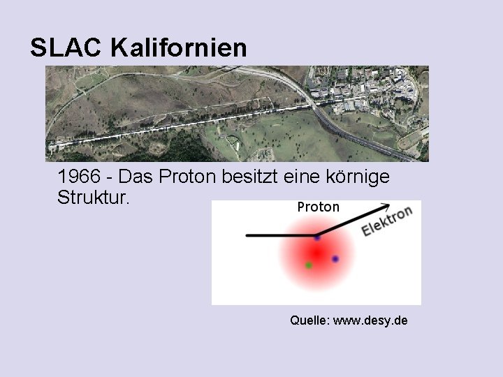SLAC Kalifornien 1966 - Das Proton besitzt eine körnige Struktur. Quelle: www. desy. de