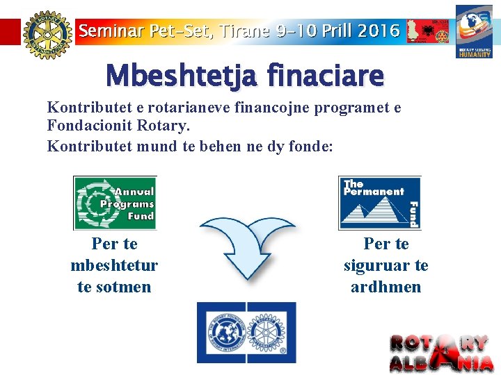 Seminar Pet-Set, Tirane 9 -10 Prill 2016 Mbeshtetja finaciare Kontributet e rotarianeve financojne programet