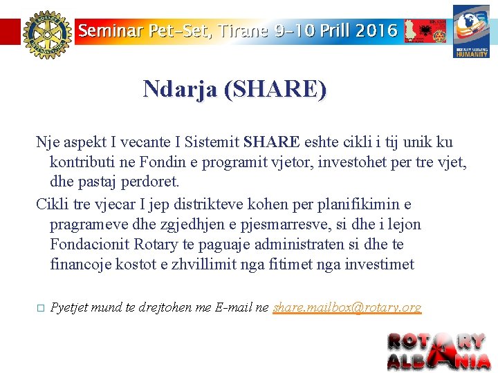 Seminar Pet-Set, Tirane 9 -10 Prill 2016 Ndarja (SHARE) Nje aspekt I vecante I