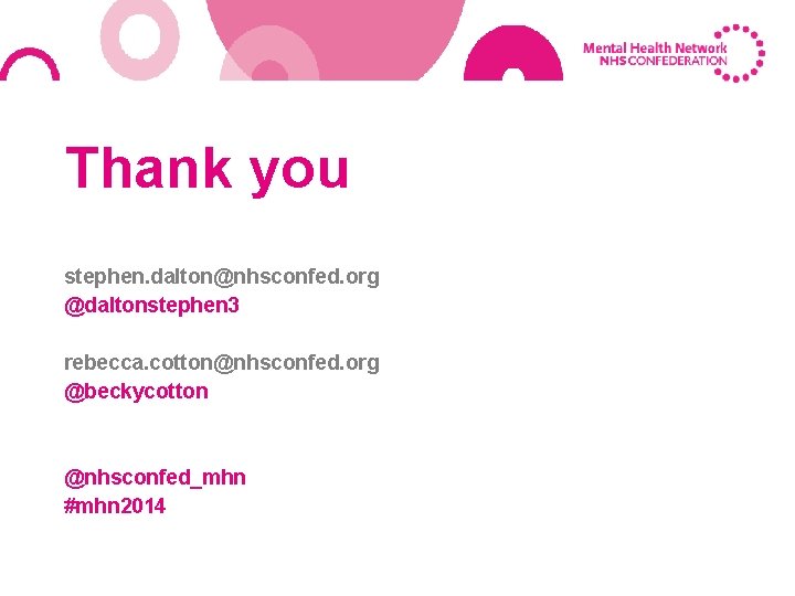 Thank you stephen. dalton@nhsconfed. org @daltonstephen 3 rebecca. cotton@nhsconfed. org @beckycotton @nhsconfed_mhn #mhn 2014