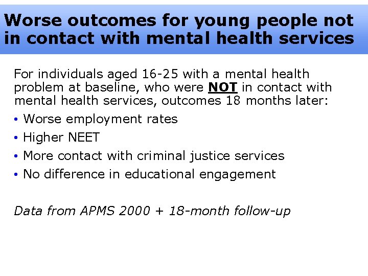 Worse outcomes for young people not in contact with mental health services For individuals