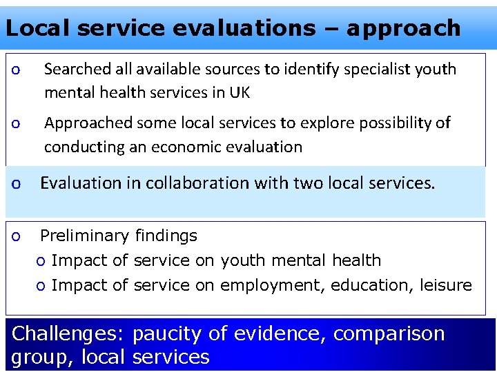 Local service evaluations – approach o Searched all available sources to identify specialist youth