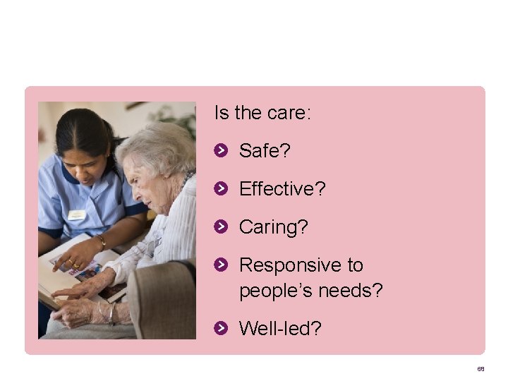 Asking the right questions about quality and safety Is the care: Safe? Effective? Caring?