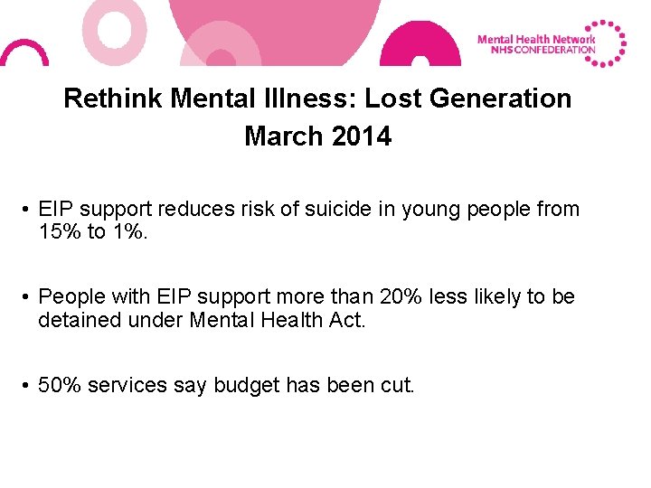 Rethink Mental Illness: Lost Generation March 2014 • EIP support reduces risk of suicide