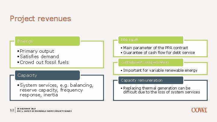 Project revenues Energy • Primary output • Satisfies demand • Crowd out fossil fuels