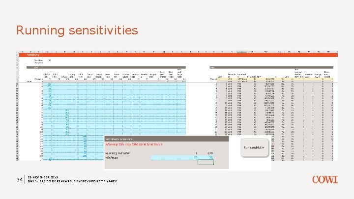 Running sensitivities 34 26 NOVEMBER 2019 DAY 1: BASICS OF RENEWABLE ENERGY PROJECT FINANCE