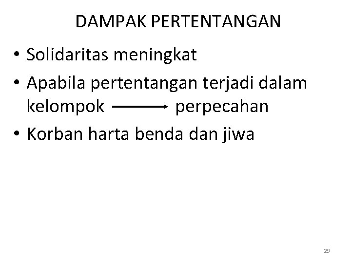 DAMPAK PERTENTANGAN • Solidaritas meningkat • Apabila pertentangan terjadi dalam kelompok perpecahan • Korban