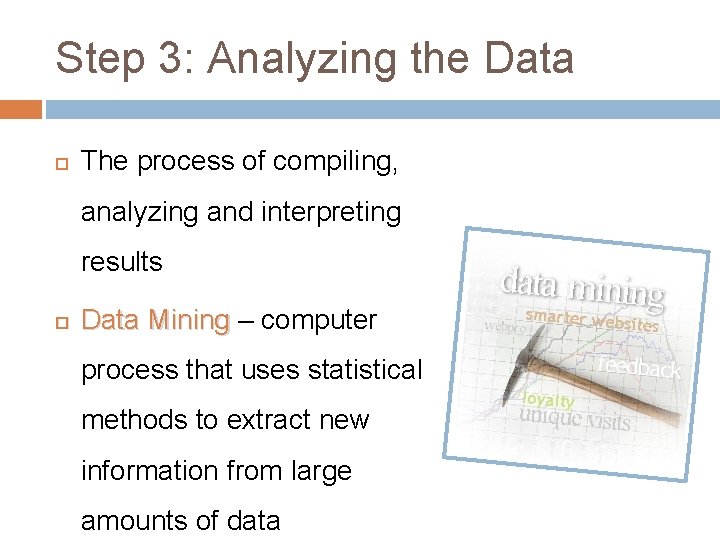Step 3: Analyzing the Data The process of compiling, analyzing and interpreting results Data Step 3: Analyzing the Data The process of compiling, analyzing and interpreting results Data