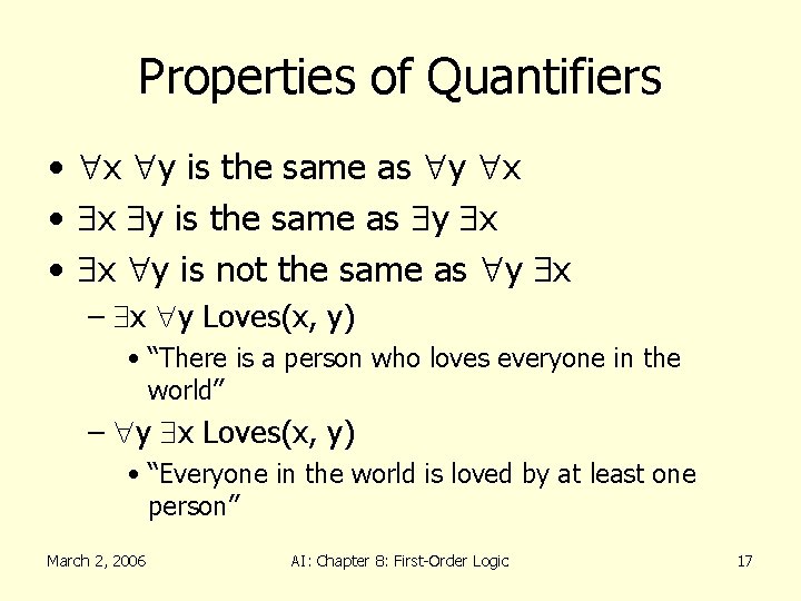 Properties of Quantifiers • x y is the same as y x • x