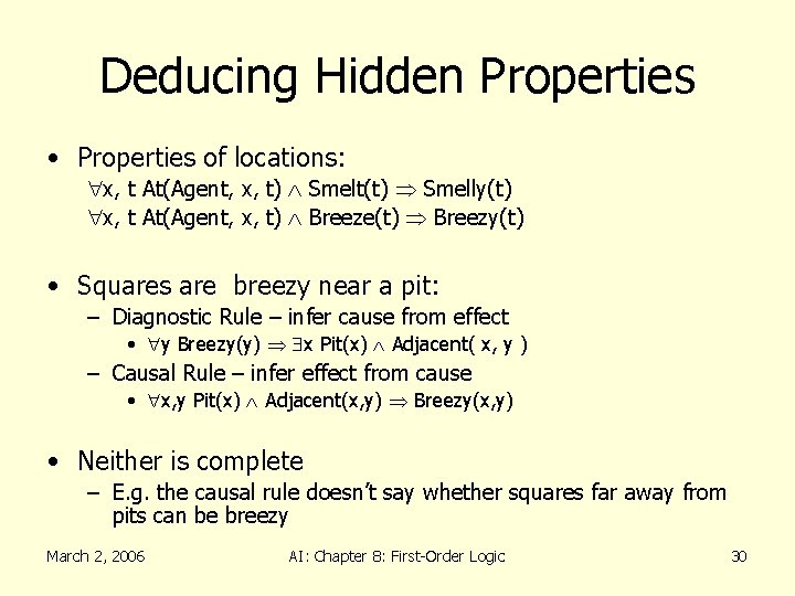 Deducing Hidden Properties • Properties of locations: x, t At(Agent, x, t) Smelt(t) Smelly(t)