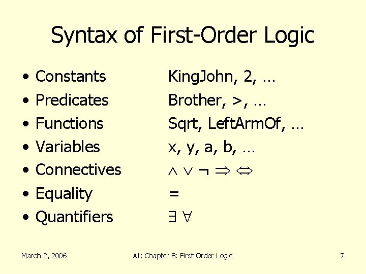 Syntax of First-Order Logic • • Constants Predicates Functions Variables Connectives Equality Quantifiers March