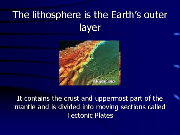 The lithosphere is the Earth’s outer layer It contains the crust and uppermost part