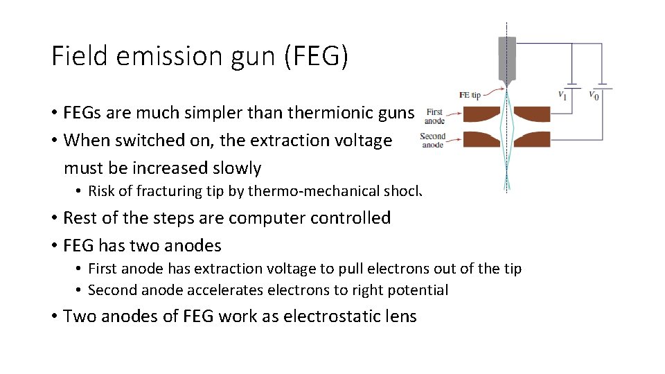 Field emission gun (FEG) • FEGs are much simpler than thermionic guns • When