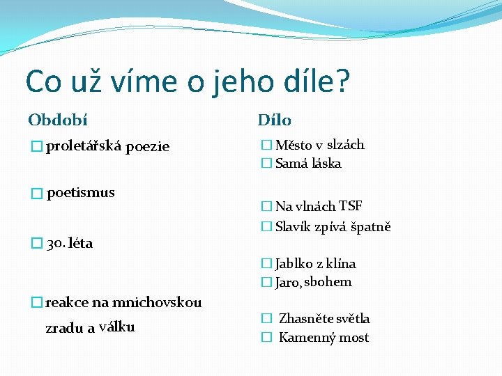 Co už víme o jeho díle? Období Dílo � proletářská poezie � Město v