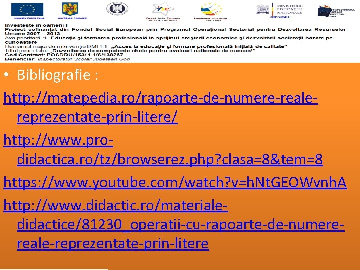  • Bibliografie : http: //matepedia. ro/rapoarte-de-numere-realereprezentate-prin-litere/ http: //www. prodidactica. ro/tz/browserez. php? clasa=8&tem=8 https: