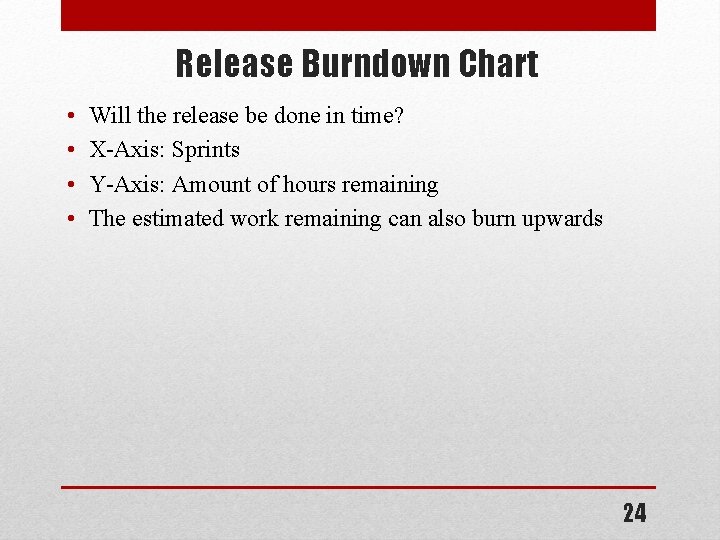 Release Burndown Chart • • Will the release be done in time? X-Axis: Sprints