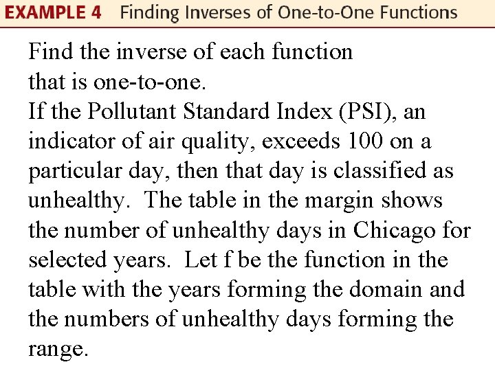 Find the inverse of each function that is one-to-one. If the Pollutant Standard Index