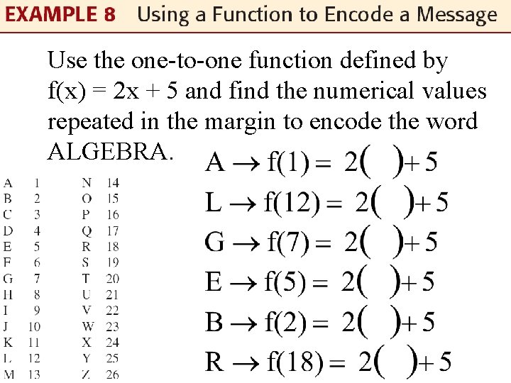 Use the one-to-one function defined by f(x) = 2 x + 5 and find