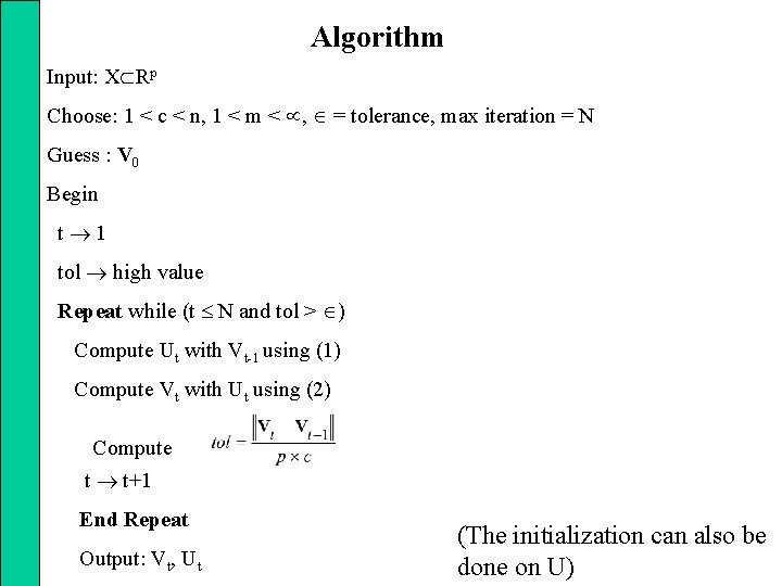 Algorithm Input: X Rp Choose: 1 < c < n, 1 < m <