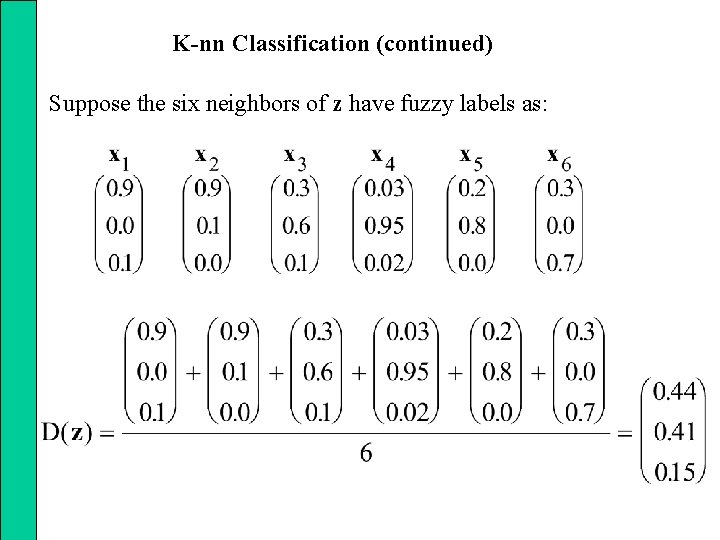 K-nn Classification (continued) Suppose the six neighbors of z have fuzzy labels as: 