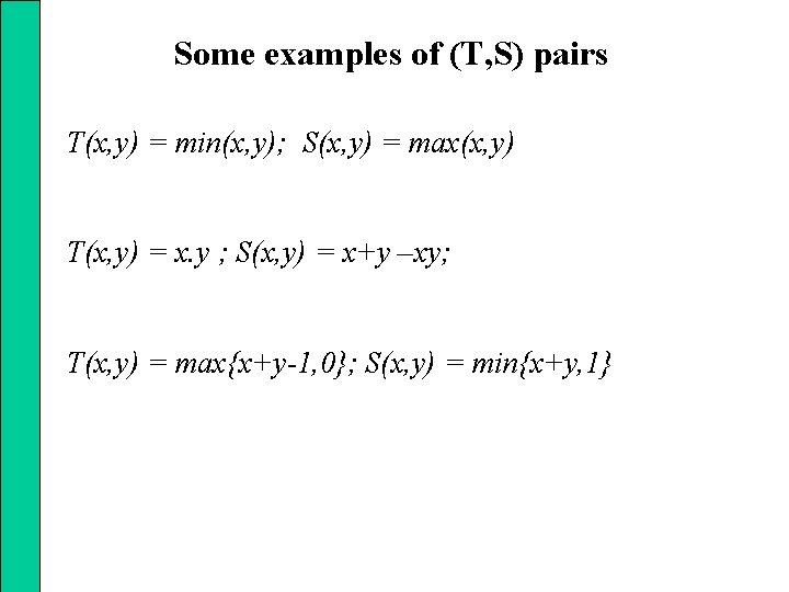 Some examples of (T, S) pairs T(x, y) = min(x, y); S(x, y) =