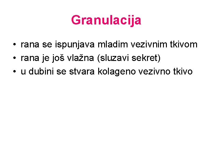 Granulacija • rana se ispunjava mladim vezivnim tkivom • rana je još vlažna (sluzavi