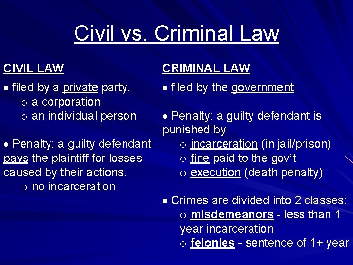 Civil vs. Criminal Law CIVIL LAW CRIMINAL LAW filed by a private party. o