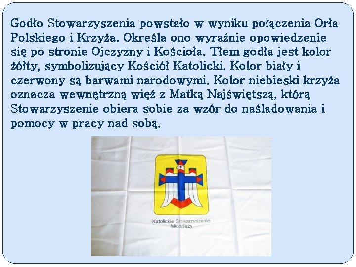 Godło Stowarzyszenia powstało w wyniku połączenia Orła Polskiego i Krzyża. Określa ono wyraźnie opowiedzenie