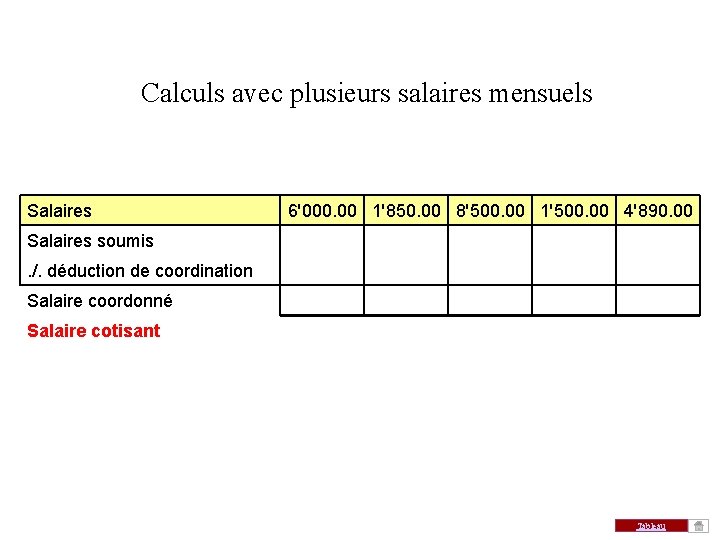 Calculs avec plusieurs salaires mensuels Salaires soumis 6'000. 00 1'850. 00 8'500. 00 1'500. Calculs avec plusieurs salaires mensuels Salaires soumis 6'000. 00 1'850. 00 8'500. 00 1'500.
