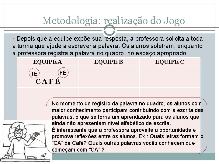 Metodologia: realização do Jogo • Depois que a equipe expõe sua resposta, a professora Metodologia: realização do Jogo • Depois que a equipe expõe sua resposta, a professora