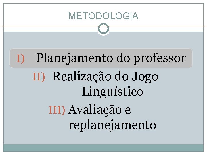 METODOLOGIA I) Planejamento do professor II) Realização do Jogo Linguístico III) Avaliação e replanejamento METODOLOGIA I) Planejamento do professor II) Realização do Jogo Linguístico III) Avaliação e replanejamento