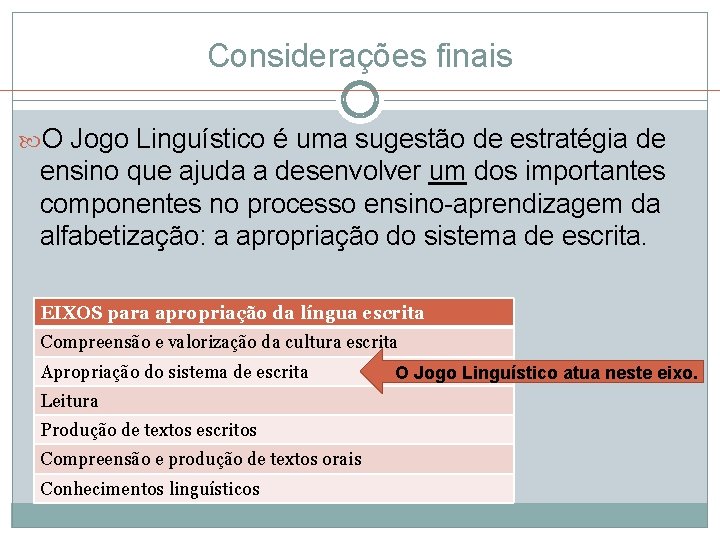 Considerações finais O Jogo Linguístico é uma sugestão de estratégia de ensino que ajuda Considerações finais O Jogo Linguístico é uma sugestão de estratégia de ensino que ajuda