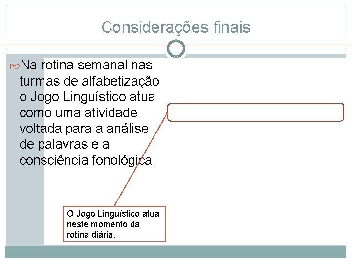 Considerações finais Na rotina semanal nas turmas de alfabetização o Jogo Linguístico atua como Considerações finais Na rotina semanal nas turmas de alfabetização o Jogo Linguístico atua como