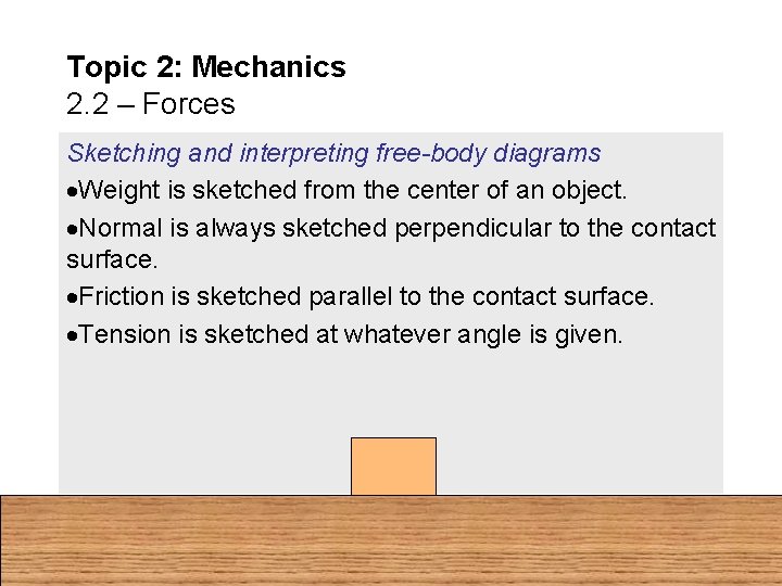 Topic 2: Mechanics 2. 2 – Forces Sketching and interpreting free-body diagrams Weight is