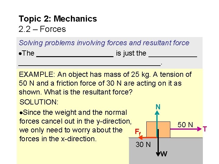 Topic 2: Mechanics 2. 2 – Forces Solving problems involving forces and resultant force