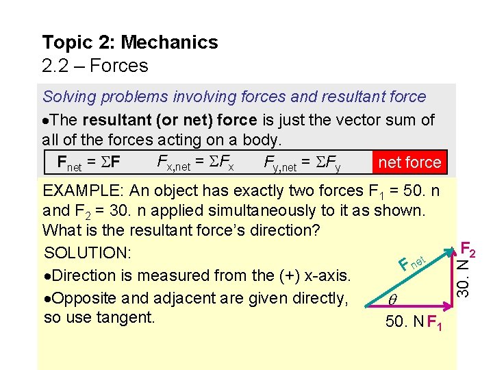 Topic 2: Mechanics 2. 2 – Forces Solving problems involving forces and resultant force