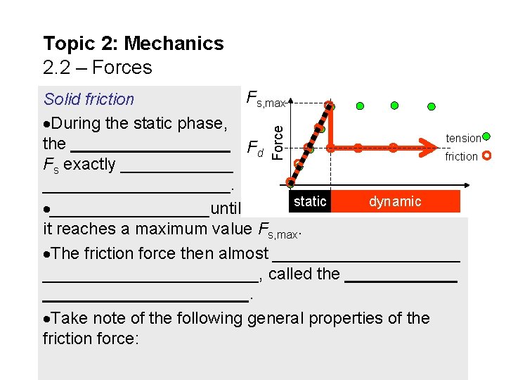 Topic 2: Mechanics 2. 2 – Forces Force Fs, max Solid friction During the