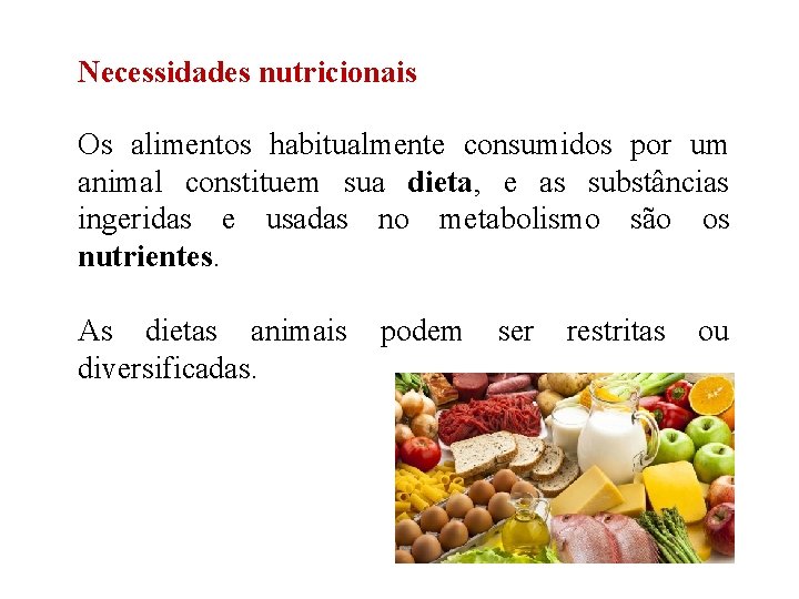 Necessidades nutricionais Os alimentos habitualmente consumidos por um animal constituem sua dieta, e as Necessidades nutricionais Os alimentos habitualmente consumidos por um animal constituem sua dieta, e as