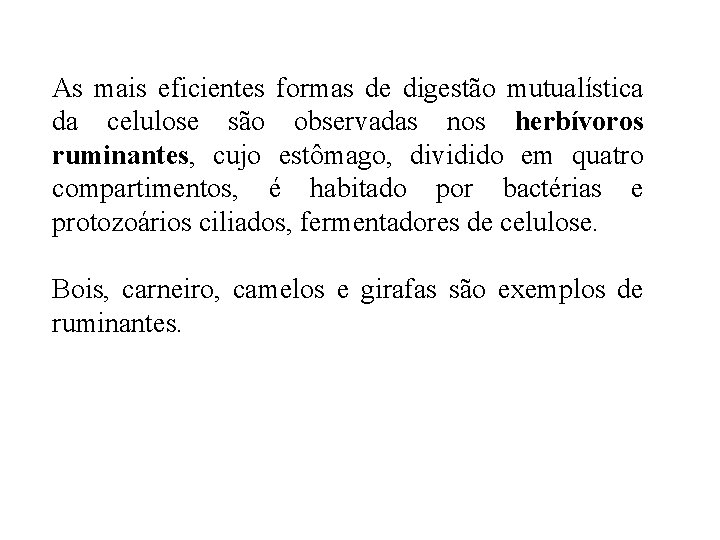 As mais eficientes formas de digestão mutualística da celulose são observadas nos herbívoros ruminantes, As mais eficientes formas de digestão mutualística da celulose são observadas nos herbívoros ruminantes,