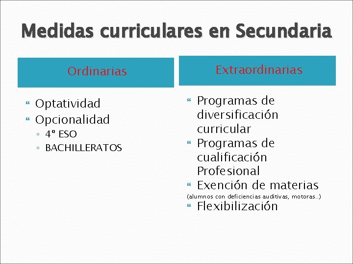 Medidas curriculares en Secundaria Extraordinarias Optatividad Opcionalidad ◦ 4º ESO ◦ BACHILLERATOS Programas de