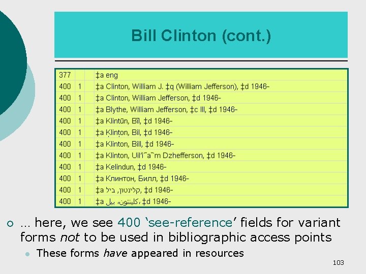 Bill Clinton (cont. ) ¡ … here, we see 400 ‘see-reference’ fields for variant