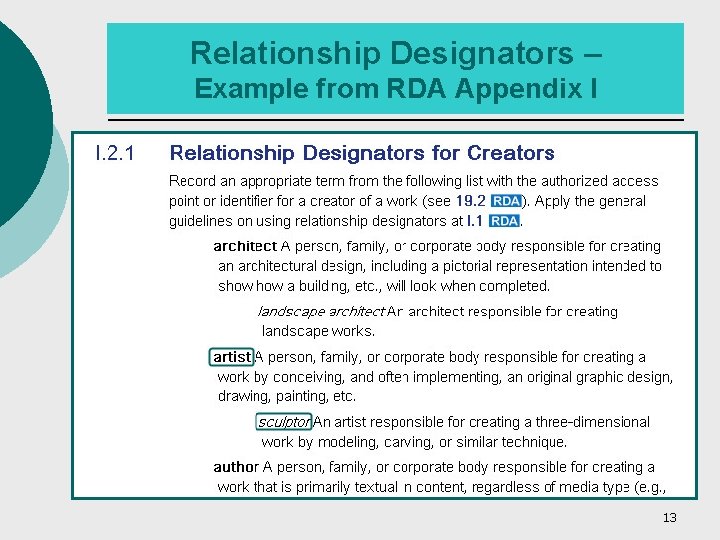 Relationship Designators – Example from RDA Appendix I 13 