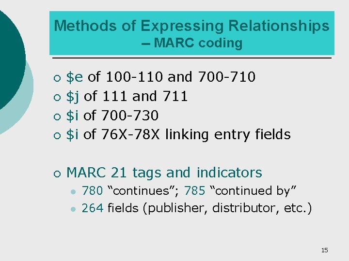 Methods of Expressing Relationships -- MARC coding ¡ $e of 100 -110 and 700